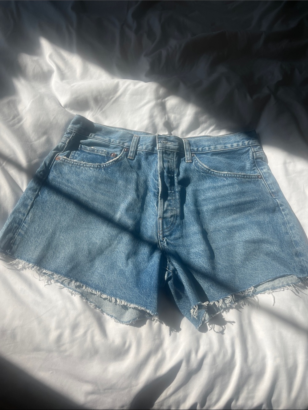 AGOLDE Parker Long Light Blue Frayed Hem Denim Shorts